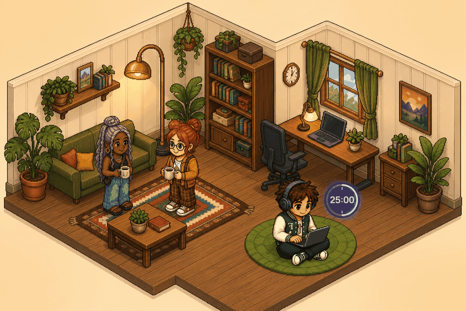 An isometric Focus Hotel room with three guests